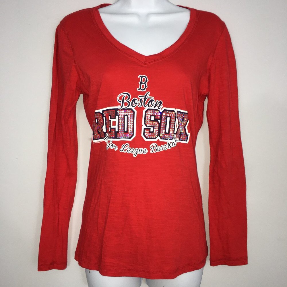 MLB Boston Red Sox Womens S Red Sequined 100% Cotton Long Sleeve Graphic T-Shirt